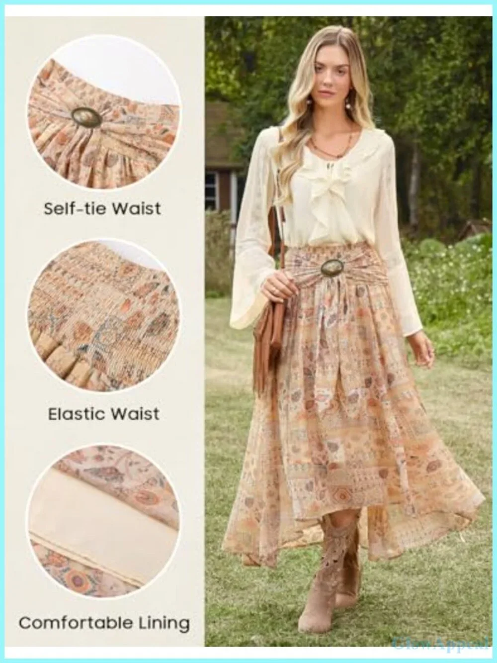 Flowy Western Maxi Skirt High Low Hem Stretchy Waistband Boho
